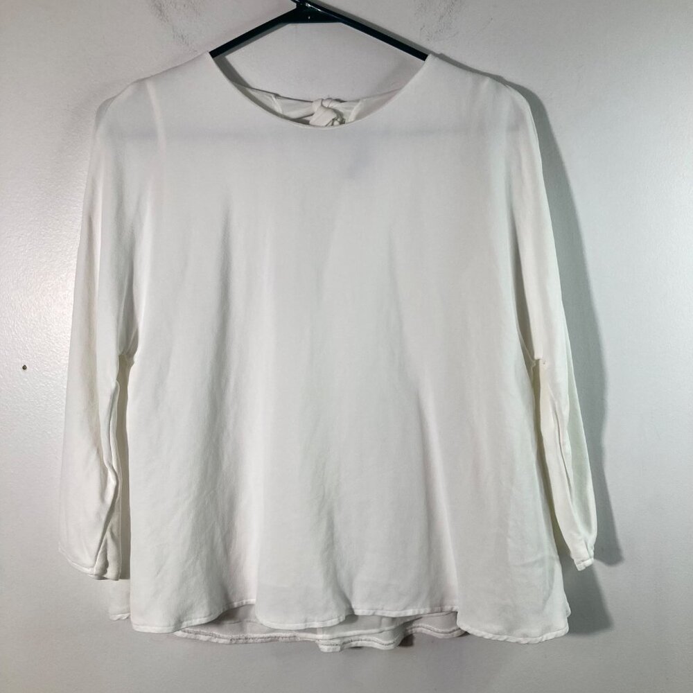 Womens Massimo Dutti White Dress Blouse Tie Back Lined 3/4 Sleeve M Viscose Poly